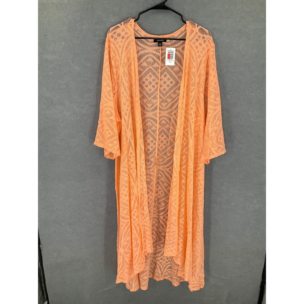 Torrid‎ Peach Geo Hilo Mesh Kimono Sz 3x 4x Cover-Up Open Front Cruise Vacation